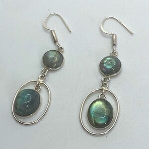 Vtg Sterling & Labradorite Cabochon Stone Oval Shaped Dangle Earrings / 2.3”